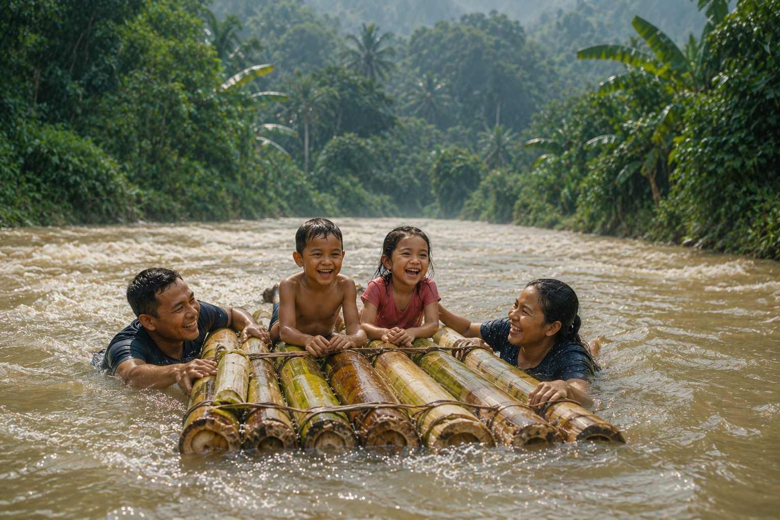 Seorang ayah dan ibu bergelantungan di sisi rakit batang pisang sambil mengawal dua anak mereka menyusuri aliran Sungai Rababaka dari Bendungan Rababaka hingga Jembatan Rasanggaro, Desa Matua.